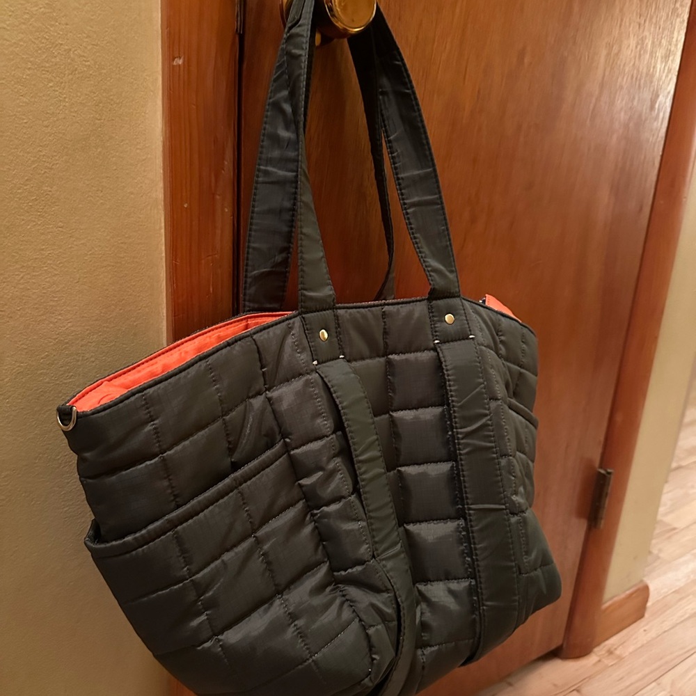 Clare V Dark Green Quilted Tote with Orange Lining